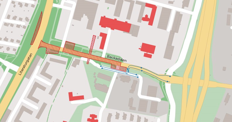 Vägarbeten på Backadalen 10 april–14 maj